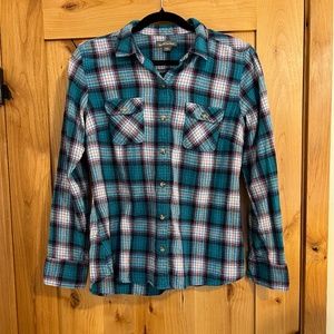 Eddie Bauer large Flannel Button Up Long Sleeve Women's  blue turquoise plaid.
